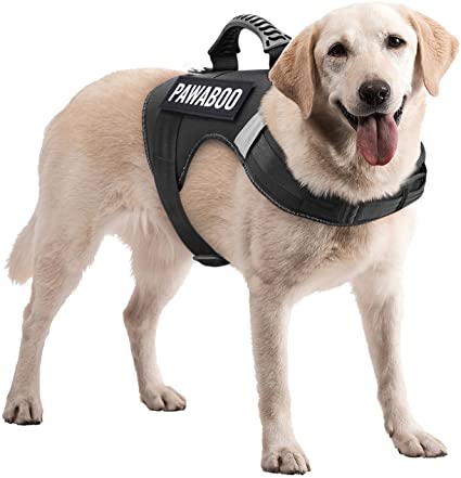 Pawaboo Service Dog Vest Harness, Premium Durable Heavy Duty Soft Padded Reflective Dog Vest Harness with 2 Removable Hook and Loop Patches, Strong PVC Handle on Top, Extra Large Size, Black